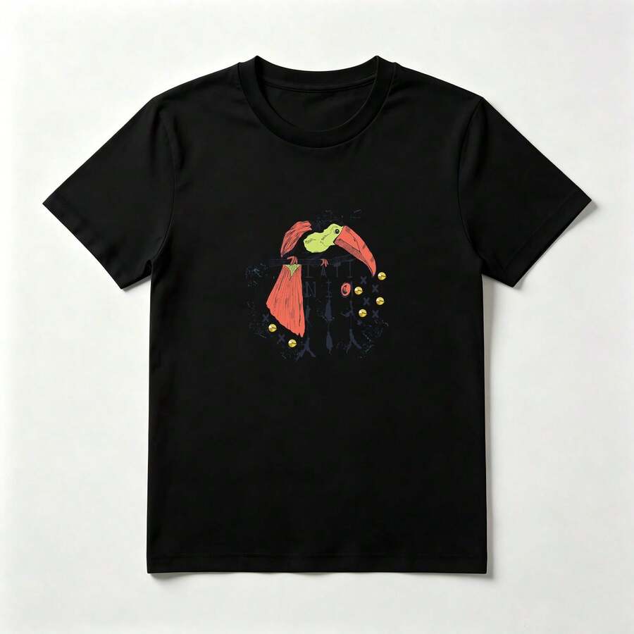 Camiseta Mujer Algodón Estampado Tucán con Plumas Rojas - Top Casual Tropical - Negro - Ver 1