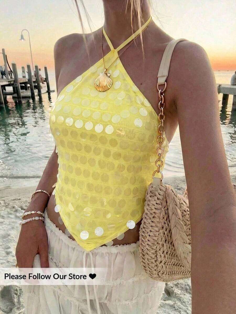 Top halter con espalda descubierta y lentejuelas sexy para mujer, ideal para verano, vacaciones en la playa, estilo bohemio, tropical, conciertos, festivales, country, Ibiza, Nashville, estilo occidental, boho, streetwear, gyaru - Amarillo claro - Ver 1