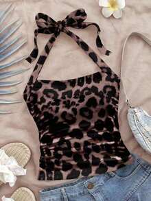 Top sin mangas ajustado de Body entero con estampado completo de leopardo, adecuado para el verano - Café integral - Ver 6
