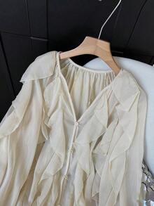 Camisa casual y elegante de mujer con mangas largas, diseño de volantes en capas y unicolor, adecuada para festivales de música/temporada de bodas, primavera/verano - Beis - Ver 8