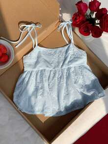 Camiseta sin mangas casual con volantes bordados para mujer - Azul - Ver 5