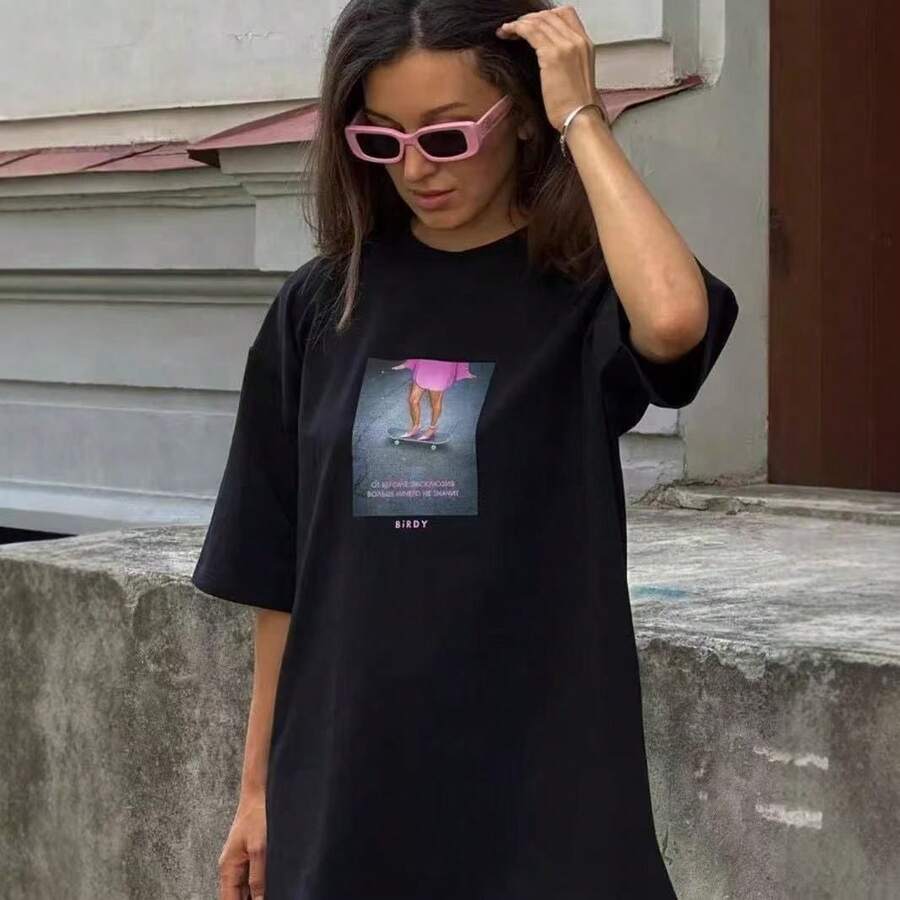 Women's Short-Sleeved Cotton T-Shirt, European And American Style, Modern, Versatile, Loose Fit, Unique, Casual And Urban. - 黑色 - 查看 1