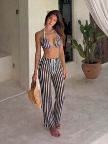 3 piezas Conjunto de bikini de punto a rayas sexy - Top triangular + Calzoncillos de cintura baja + Pantalones de pierna ancha ajustables |   Traje de baño de vacaciones de playa retro para el verano - Blanco - Ver 2