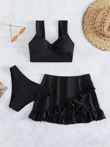 Swim Conjunto de bikini de 2 piezas con diseño trenzado de unicolor para mujer de verano, con cubrepantalón y minifalda - Negro - Ver 4