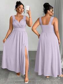 Elenzya Vestido línea A con cuello en V, contraste de encaje, tirantes finos y abertura para tallas grandes - Púrpura malva - Ver 9