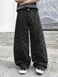 ONE.DINY Men's Retro Jacquard Loose Wide-Leg Jeans, Men's Fashion Streetwear Loose Casual Pants - Black - View 3