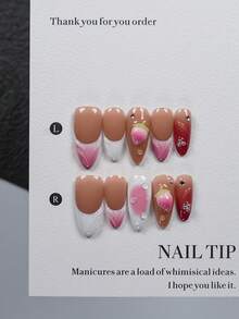 10pcs Medium Length Almond-Shaped Pure Handmade Wearable Nails (Including Manicure Tools Set), Gentle Nude Pink With 3D Peach Decor, Pink Ombre & Rhinestone Accents, Glossy False Nails Manicure Set, Suitable For Women & Girls For Daily Wear And Parties - Follow Your Heart - View 3