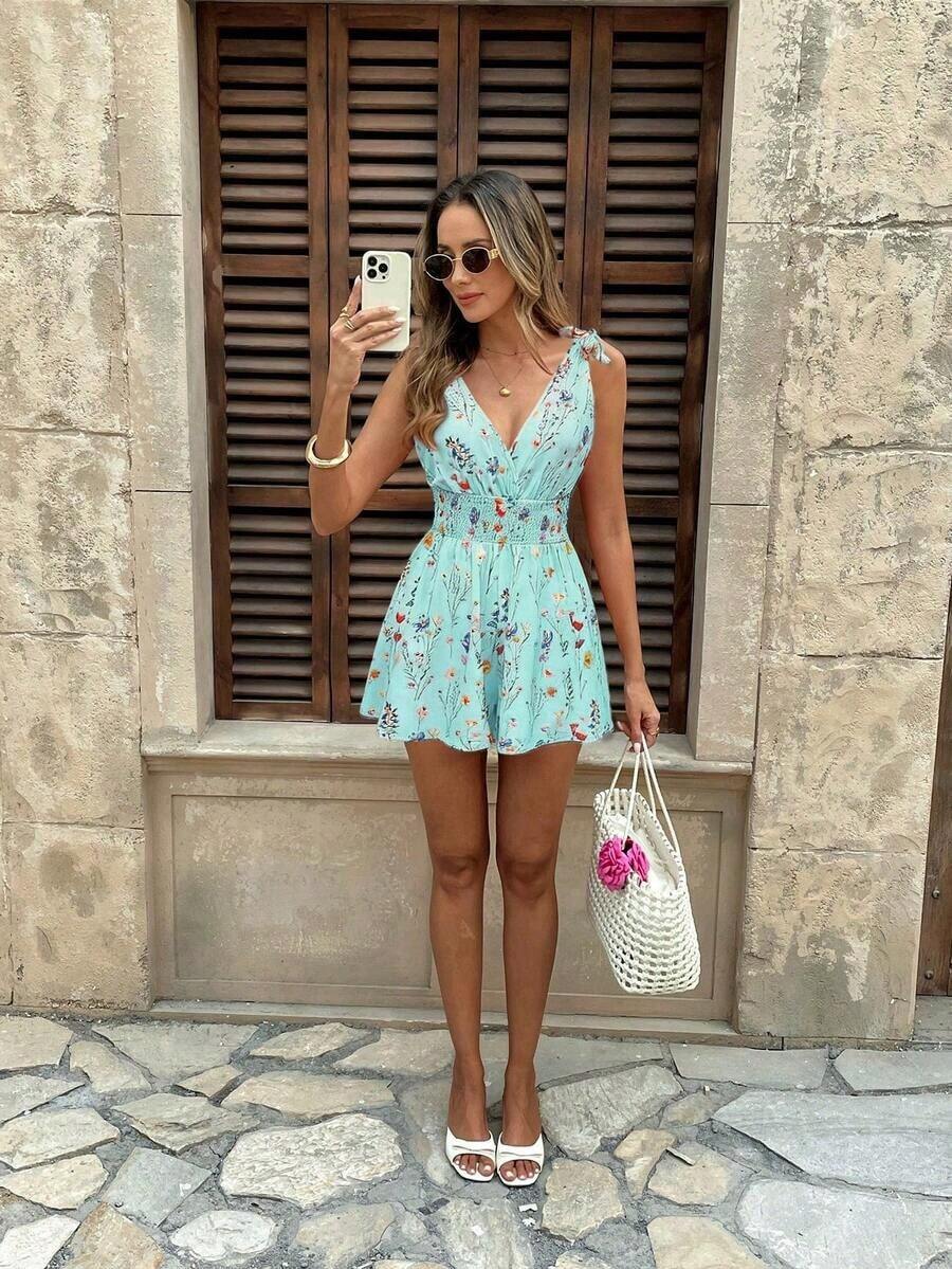 Mono sin mangas con estampado floral, nudo en el hombro y lazo en la cintura para mujer - Verde 2 - Ver 1