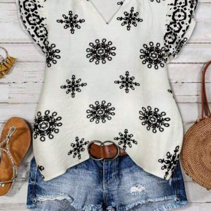 Holidaya Summer Casual/Commute Women's V-Neck Ruffle Hem Fitted Blouse - Multicolor - Ver 1