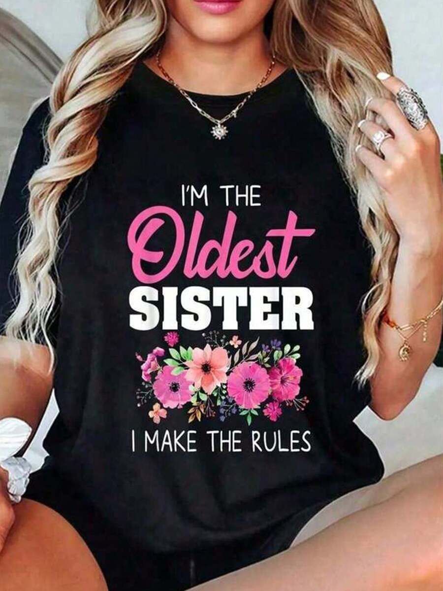 Mujer Camiseta de manga corta con estampado térmico de frases y flores rosas, diseño de flores en acuarela con letras, estilo tierno casual - Negro - Ver 1