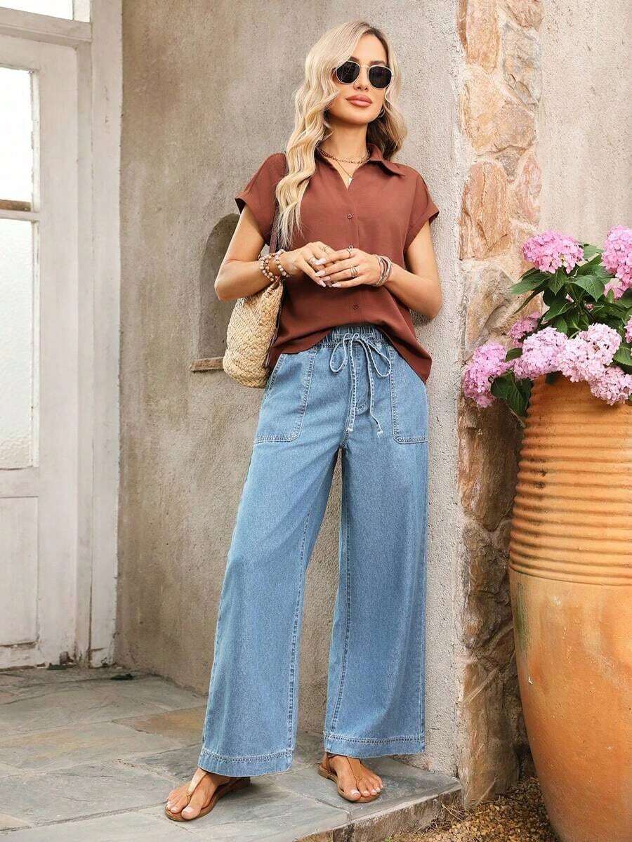 Jeans de pierna ancha con cintura con cordón y bolsillos, de uso versátil y casual para uso diario - Lavado ligero - Ver 1