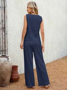 2 piezas Conjunto casual de uso diario con top y pantalones con diseño de abertura de jacquard para mujer - Azul marino - Ver 2