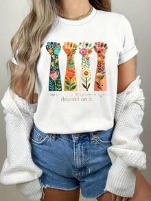 Modern Minimalist Women's T-Shirt, Round Neck, Floral Hand Print, With The Phrase "Vote Like Your Daughters' Rights Depend On It", Short Sleeve, Casual, For Everyday Wear. - 白色 - 查看 6