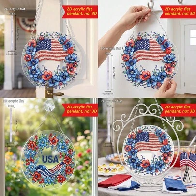 1/2 chiếc vòng hoa trang trí Giáng sinh yêu nước ngày 4 tháng 7 bằng acrylic, kiểu treo phẳng 2D, dùng trang trí cửa sổ, nhà cửa, tiệc tùng.