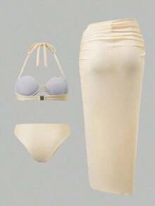 Bonvoyette Conjunto de bikini y pareo de unicolor con escote halter y nudo sexy para mujer - Beis - Ver 4