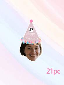 7/14/21件套定制照片文字生日帽横幅，个性化人脸派对彩旗，定制年龄生日花环装饰，个性化人脸生日横幅，定制派对帽照片横幅，独特的生日装饰（男女皆宜） - 彩色 - 查看 10
