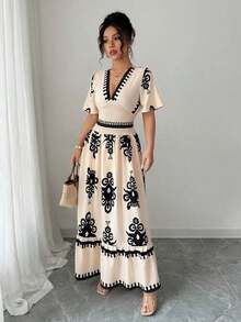 Vestido largo con mangas cortas, cintura fruncida y cinturón con estampado floral para mujeres - Multicolor 2 - Ver 5