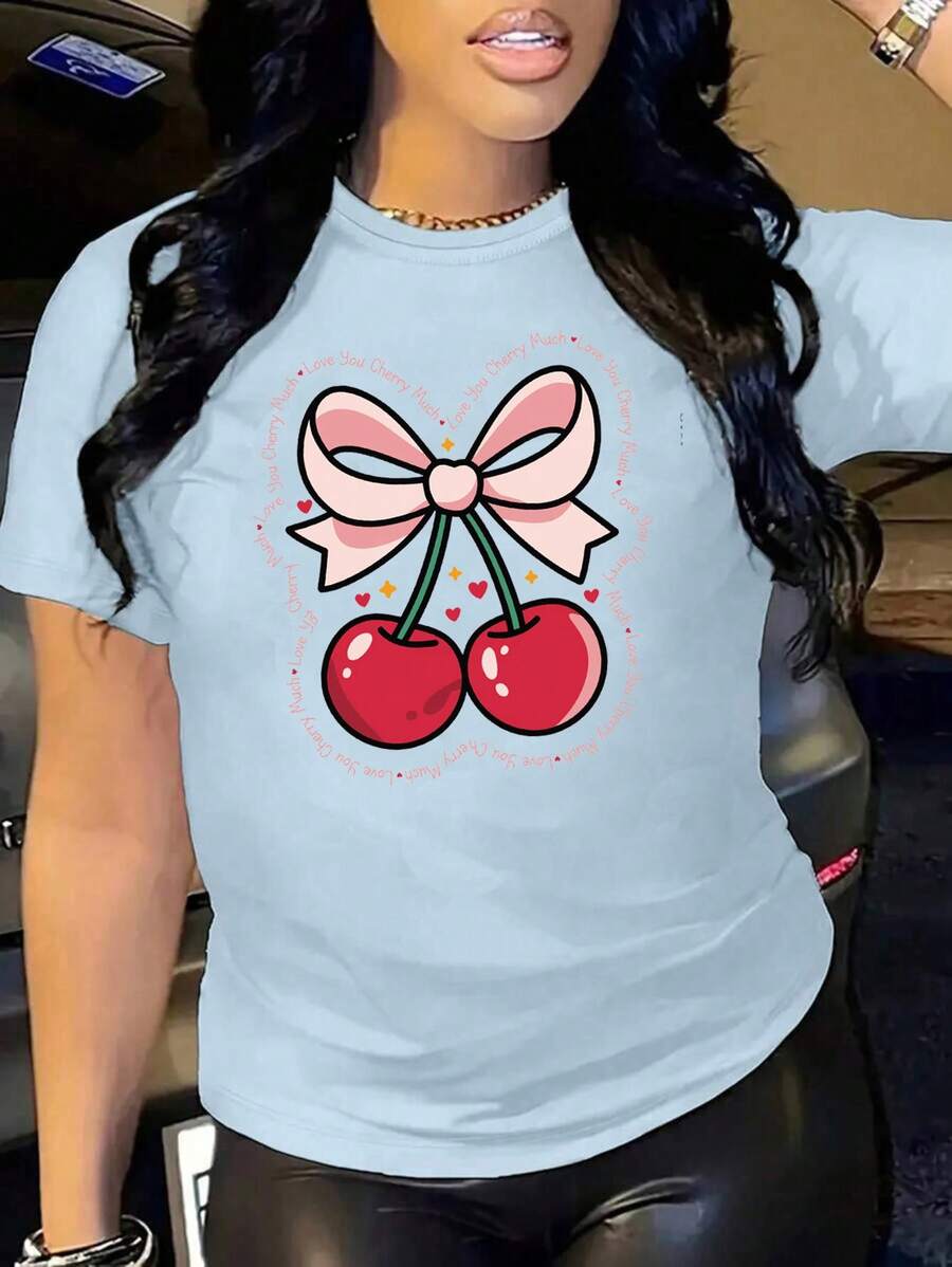 Oversized White T-Shirt With Cherries And The Phrase "Love You Cherry Much", Ideal For Casual And Date Outfits. Loose-Fitting Youth T-Shirt With A Cherry Design And Pink Bow, A Flirty Style To Pair With Jeans Or Leggings. Summer T-Shirt With A Cherry Graphic And Text, A Feminine And Flattering Style. - YH430-藍色 - 查看 1