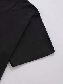 Women's Minimalist Short-Sleeve Casual T-Shirt With Geometric Thai Letter Print - Loose Fit, Crew Neck, Summer Top, Breathable Medium-Stretch Fabric, Machine Washable, Women's T-Shirts, Everyday Comfort, Minimalist Design, Non-See-Through Material. Simple Solid Color T-Shirt For Women, Loose Fit, Casual Short Sleeve. - 黑色 - 查看 6