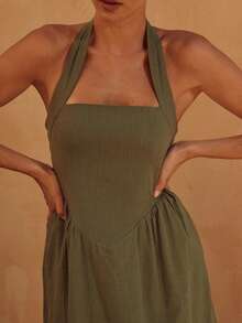 Vestido verano elegante tirantes anchos diseño halter espalda descubierta estilo moderno y chic para mujer moda europea - Verde Oscuro - Ver 5
