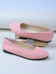 Women's Suede Flat Shoes, Solid Color Pointed Toe Low Heel Slip-On Boat Shoes, Candy Color Round Toe Cloth Shoes, Versatile Flat Shoes - Pink - View 8