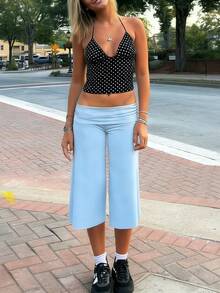 Y2K Fold-Over Waist Wide Leg Cropped Culottes, Low-Rise Casual Knit Pants For Women, Multi-Color Options - Blue - View 7