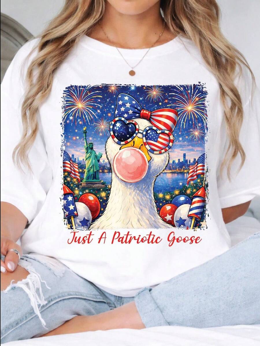 Camiseta Just A Patriotic Goose, divertida camiseta del 4 de julio de EE. UU., divertida camiseta patriótica, camiseta Just An Independent Goose, regalo de animales del 4 de julio. Camiseta unisex de algodón puro de 220 g, peso ideal para todas las estaciones, adecuada tanto para hombres como para mujeres. Tejido duradero de alta calidad, suave al tacto y de larga duración. Parte superior transpirable. Adecuada para la primavera y el verano de las mujeres, vacaciones, Día de la Madre, Día de la Independencia. - Blanco - Ver 1