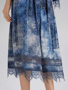Rich Radi Q's Women's Elegant A-Line Midi Dress, Featuring Contrast Lace Trim And Woven Fabric, Minimalist Stylish Blue Pattern Design, Suitable For Women In Summer - Blue - View 9
