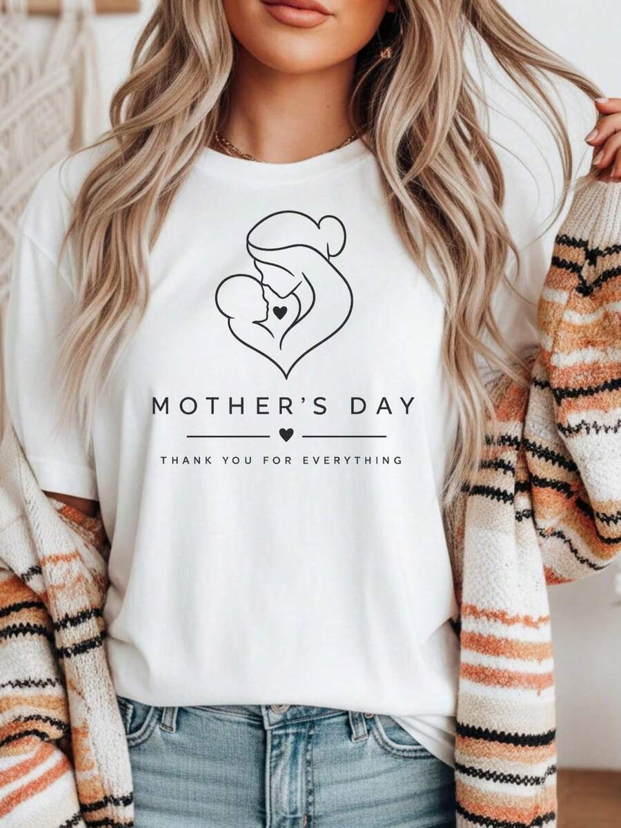Minimalist Striped T-Shirt For Mother's Day, Personalized Gift For Mom, Mother's Day Present, T-Shirt With Children's Names For Mom. Unisex 220g Pure Cotton T-Shirt, Ideal Weight For All Seasons, Suitable For Both Men And Women. Durable, High-Quality Fabric, Soft To The Touch And Long-Lasting. Breathable Top. Suitable For Women In Spring And Summer, Holidays, Mother's Day, Independence Day. - 白色 - 查看 1