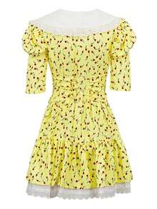 Vestido floral verano 2026, cuello muñeca, manga corta, cintura ajustada, estilo elegante corte pomposo - Amarillo - Ver 4