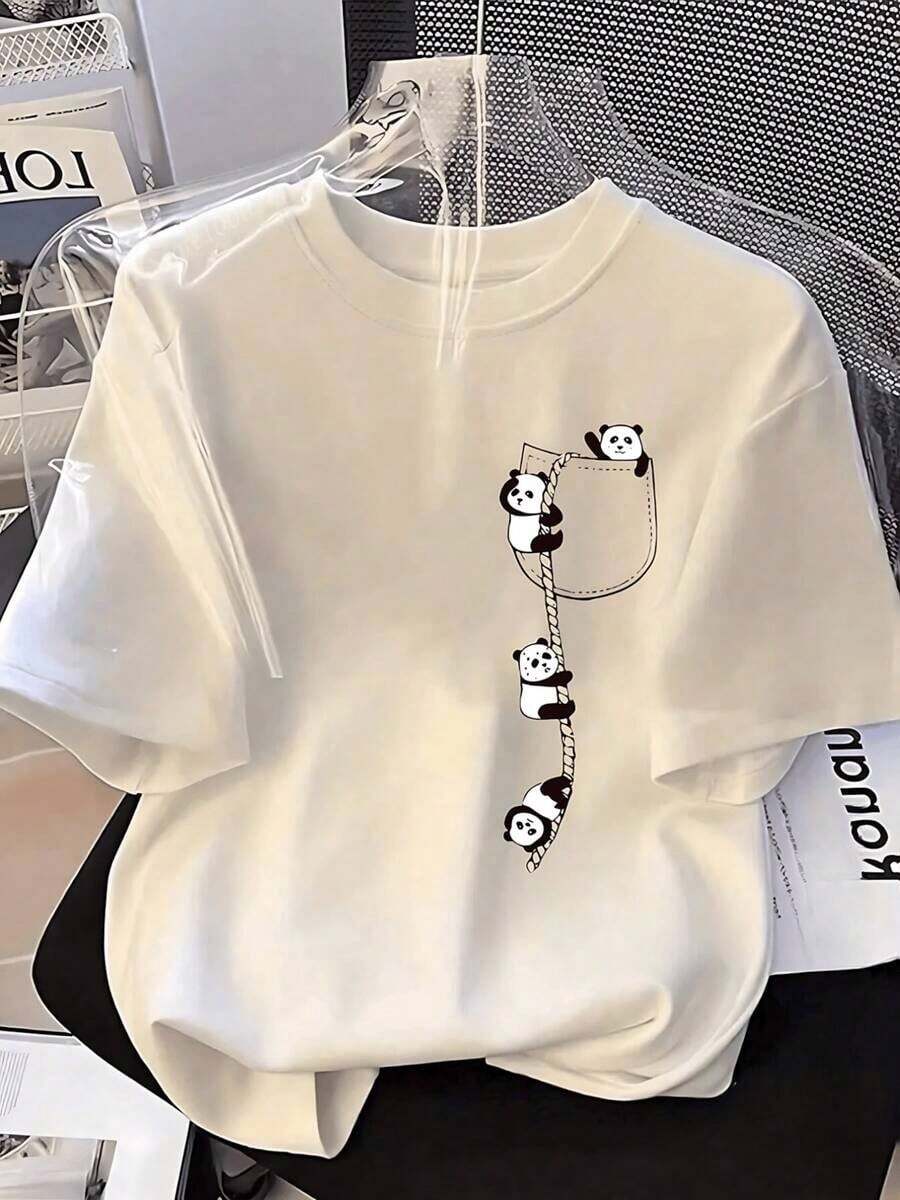 Adorable Women's T-Shirt With A Climbing Panda Pocket Print, Casual Short-Sleeve Crew Neck Tee, Comfortable And Stylish Graphic Design For Everyday Wear. The Perfect Gift! - 白色 - 查看 1
