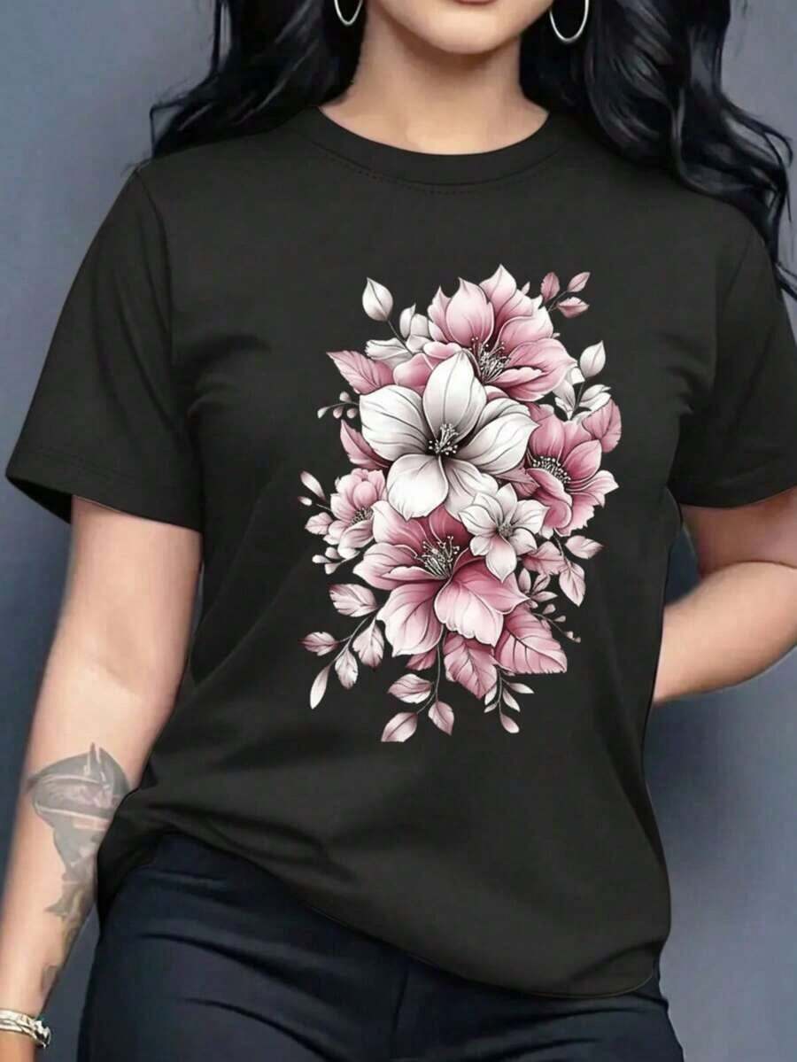 Women's Graphic T-Shirt, Short Sleeve, Round Neck, Basic, Comfortable, Cool, Lightweight, Modern, Youthful, Feminine, Floral Print, Lily, Leaves, 3D - 黑色 - 查看 1