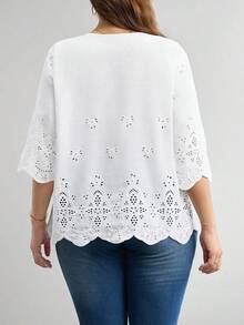 Blusa de verano de talla grande, de unicolor, hueca, bordada, casual, para vacaciones, temporada de bodas, nuevo diseño de playa para mujer - Blanco 3 - Ver 3