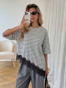 Camiseta casual de mujer con dobladillo asimétrico de encaje de unicolor, uso básico diario, blusa casual de primavera/verano para vacaciones de mujer, vacaciones de verano para mujer, primavera para mujer, vacaciones de primavera, top para ir - Blanco y Negro 3 - Ver 8