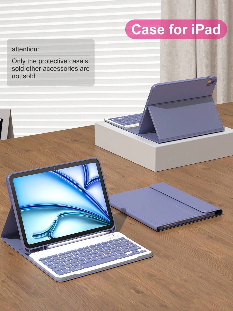 适用于 iPad A16（第 11/10 代）、第 9/8/7 代（10.2 英寸）、iPad Air（10.9/11 英寸）的键盘保护套，采用 TPU 翻盖 PMMA PU 皮革材质，包含无线蓝牙键盘（150mAh 电池）和支架，薰衣草紫色