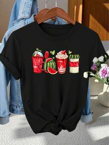 GiftGiftGiftGiftElegant - Women's Limited Edition Short Sleeve Crew Neck T-Shirt With Summer Watermelon Drink Print, Ideal For Spring, Summer, And Autumn, Perfect For Stylish Photos, Work, Vacations, And Everyday Wear With A Vintage Touch. Soft. - 黑色 - 查看 7