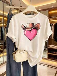 Plus Size Women's Short Sleeve T-Shirts, For Summer, Everyday Basic Tops, New Style 2026 Short Sleeve T-Shirt, Denim Heart For Valentine's Day, Unique Style 2026, Casual And Beautiful Women's Shirt, Versatile Top + Machine Washable, Gift Idea, Breathable And Comfortable. - 白色 - 查看 11