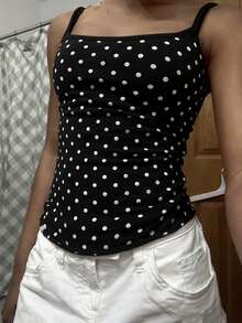 Top de tirantes con cuello cuadrado y estampado de lunares para mujer - Negro - Ver 5