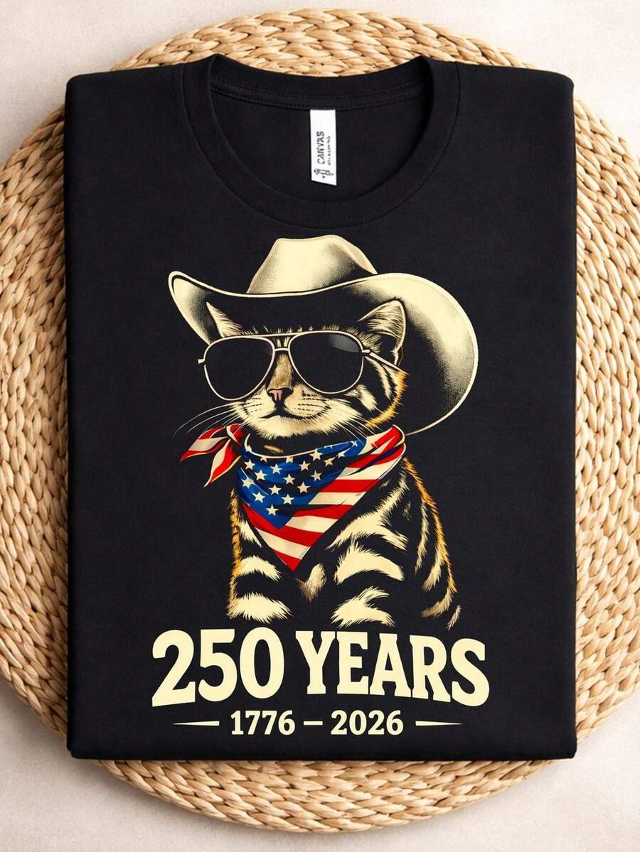 Camiseta de gato del 250 aniversario, camiseta de la bandera de EE. UU., 250 cumpleaños, camiseta de la bandera estadounidense, camiseta del día de la independencia, 250 años de aniversario. Camiseta unisex de algodón puro de 220 g. Peso ideal para todas las estaciones, adecuada para hombres y mujeres. Tejido duradero de alta calidad, suave al tacto y de larga duración. Parte superior transpirable. Adecuada para la primavera y el verano de las mujeres, vacaciones, Día de la Madre, Día de la Independencia. - Negro - Ver 1