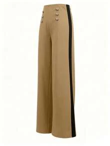 1pc Women's Fashion Versatile Contrast Color Front Zip High Waist Straight Leg Casual Pants, Black Office Work Trousers, Spring/Summer - Khaki - View 7