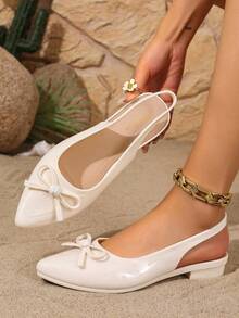 New Spring/Autumn French Style Chunky Heel Bow Tie Pointed Toe Mid Heel Pumps, Low Vamp Non-Fatiguing Work Shoes For Women - White - View 6