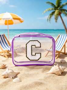 1pc Transparent PVC Portable Storage Bag With A-Z Letter Towel Embroidery Pattern, Large Capacity Cosmetic Organizer Box/Case, Waterproof Design With Zipper, Multifunctional Makeup Bag, Beauty Bag For Storing Lipsticks, Makeup Brushes, Skincare Products, Phones, Coins And Various Small Items, Suitable For Home And Vacation, Travel Essential, Ideal For Holiday Trips And Back To School - Multicolor - View 3