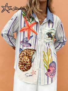 Camisa casual de mujer con estampado de fantasía con tema oceánico, de estilo bohemio, brillante, holgada y cómoda, para vacaciones, primavera/verano - Multicolor - Ver 7