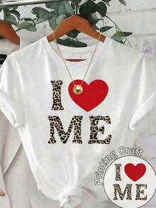 Camiseta suave 100% algodón, informal para mujer, con estampado de leopardo "I Love Me", manga corta, cuello redondo, transpirable, combina con todo, genial. - Blanco - Ver 1