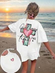 Camiseta Vintage de Manga Corta para Niñas con Estampado de Lema Religioso "God Is Good", Estilo Americano Oversize con Grafiti de Cruz y Corazón, Transpirable, Casual, Estampado Frontal y Trasero, para Uso Diario. - Blanco - Ver 7