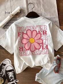 Women's Reversible Summer Casual Printed T-Shirt, Vintage Style, Floral And Text Designs, Round Neck, Short Sleeves - Unisex Loose Cotton Short-Sleeved Round Neck Urban Vintage Style T-Shirt, Blouses For Women. Casual Blouses For Ladies. - 白色 - 查看 1