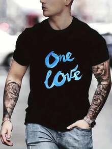 ''oNe LoVe'' Print, Men's Graphic T-Shirt, Casual Comfy S For Summer, Mens Clothing Tee For Adult, Men, Women, Teen, Teenager, Adolescent, Youth - Black - View 1