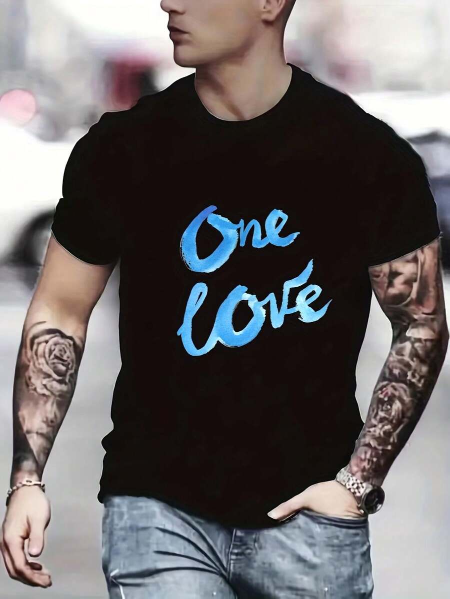 ''oNe LoVe'' Print, Men's Graphic T-Shirt, Casual Comfy S For Summer, Mens Clothing Tee For Adult, Men, Women, Teen, Teenager, Adolescent, Youth - Black - View 1