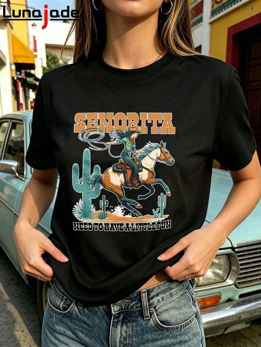 Lunajade Women's Pure Cotton T-Shirt, Western Denim Print T-Shirt "Need To Have A Little Fun" For Women, Y2K Aesthetic, Loose Short Sleeve - 黑色 - 查看 1