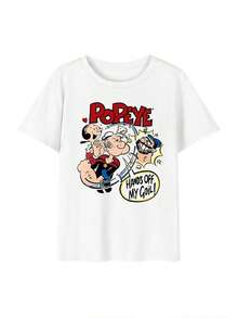New Women's Casual Simple Style Custom T-Shirt With Cartoon Print - Vintage Urban Style Short Sleeve Cotton T-Shirt With Round Neck - 白色 - 查看 4